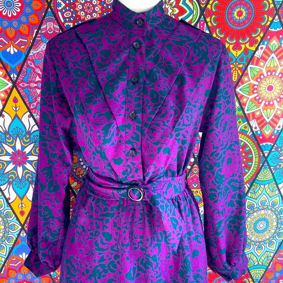 Vintage 1970s Purple & Green Patterned Long Sleeved Dress Sz 10 - Picture 5 of 11
